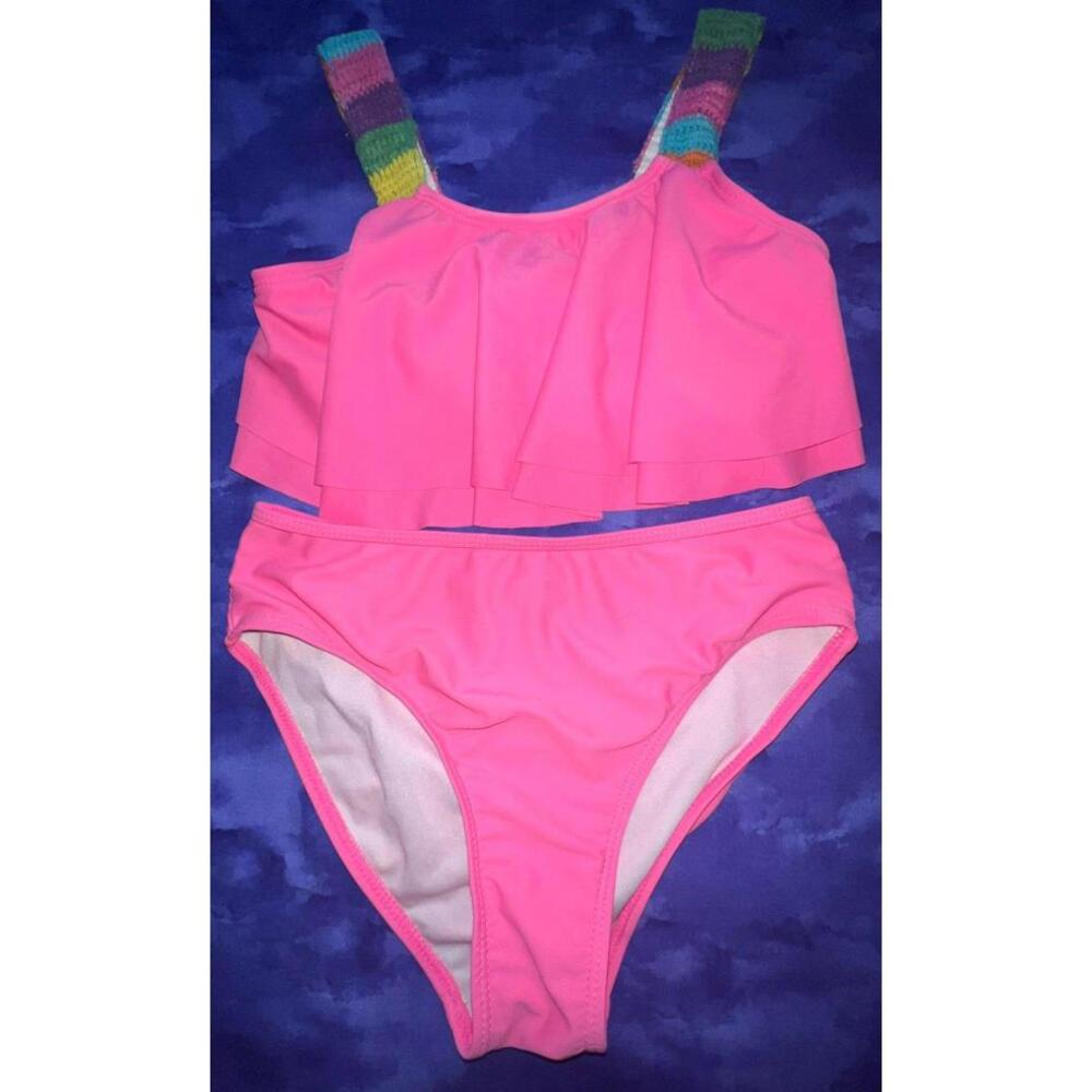 Betsey Johnson Girl's Two Piece‎ Swimsuit Pink Rainbow Straps Size 12